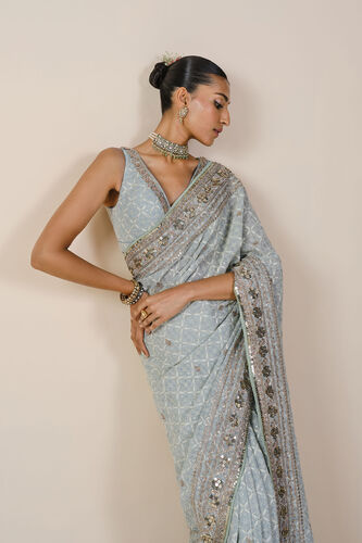 Aaloka Embroidered Georgette Saree - Blush, Powder Blue, image 6